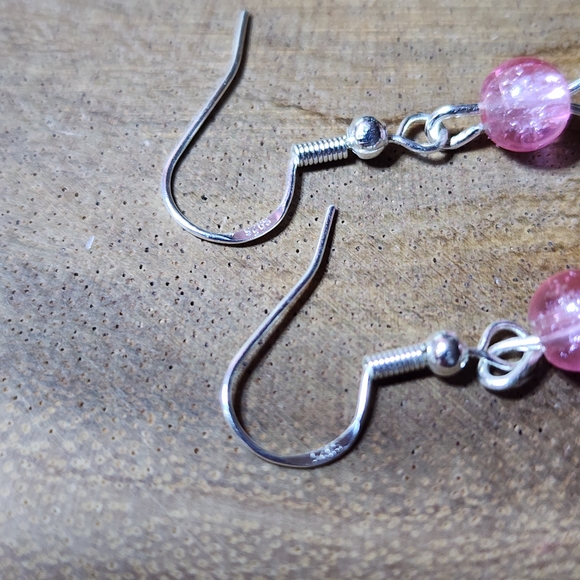 Hand Crafted Pink and Silver Dangle Earrings With Floral Metal Accents - Picture 3 of 6